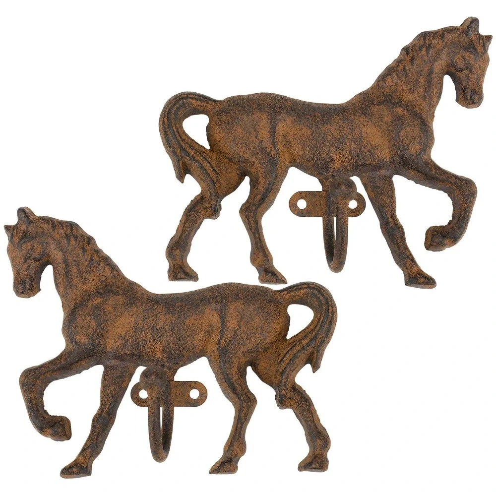 Set of 2 Cast Iron Horse Wall Hooks Rustic Western Equestrian Ranch Decor